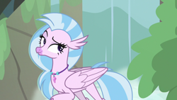 Size: 1280x720 | Tagged: safe, imported from derpibooru, screencap, silverstream, hippogriff, what lies beneath, female, jewelry, necklace, raised eyebrow, solo, spread wings, waterfall, wings