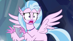 Size: 1280x720 | Tagged: safe, imported from derpibooru, screencap, silverstream, hippogriff, what lies beneath, female, jewelry, necklace, scared, solo, spread wings, wings