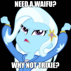 Size: 1024x1024 | Tagged: safe, edit, imported from derpibooru, trixie, equestria girls, black background, dialogue, female, futurama, great and powerful, image macro, meme, simple background, solo, text, trixie yells at everything, waifu, why not, why not zoidberg