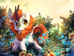 Size: 1100x825 | Tagged: safe, artist:teranen, imported from derpibooru, autumn blaze, kirin, sounds of silence, awwtumn blaze, cute, daaaaaaaaaaaw, female, flower, foal's breath, kirinbetes, looking at you, scenery, smiling, solo, sweet dreams fuel