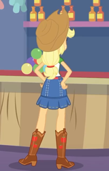 Size: 404x633 | Tagged: safe, imported from derpibooru, screencap, applejack, equestria girls, equestria girls series, rollercoaster of friendship, belt, boots, clothes, cowboy boots, cowboy hat, cropped, denim skirt, female, hat, skirt, stetson