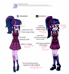 Size: 1500x1600 | Tagged: safe, artist:nekojackun, artist:twilite-sparkleplz, imported from derpibooru, sci-twi, twilight sparkle, equestria girls, clothes, crystal prep academy uniform, glasses, plaid skirt, pleated skirt, ponytail, school uniform, self deprecation, simple background, skirt, smiling, socks, white background