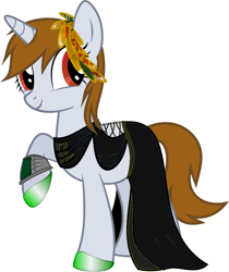 Size: 1080x1287 | Tagged: artist needed, safe, artist:uncreative_guy, edit, imported from derpibooru, oc, oc only, oc:littlepip, pony, unicorn, vampire, fallout equestria, 1000 hours in ms paint, blushing, clothes, dress, fanfic, fanfic art, female, gala dress, hooves, horn, looking back, mare, pipbuck, red eyes, simple background, solo, transparent background, unicorn oc, white background