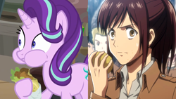 Size: 1200x675 | Tagged: safe, artist:dwk, imported from derpibooru, screencap, starlight glimmer, pony, unicorn, road to friendship, attack on titan, aweeg*, eating, falafel, female, food, frown, hoof hold, looking at you, mare, potato, puffy cheeks, sasha braus, sweat, sweatdrop, wide eyes