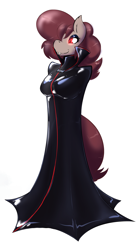 Size: 1284x2295 | Tagged: safe, artist:helixjack, imported from derpibooru, oc, oc:latch, anthro, vampire, vampony, anthro oc, cape, clothes, latex, red eyes, simple background, white background