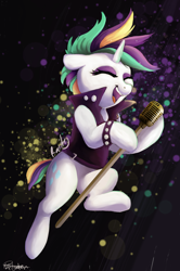 Size: 2670x4014 | Tagged: safe, artist:pucksterv, imported from derpibooru, rarity, pony, unicorn, it isn't the mane thing about you, alternate hairstyle, clothes, contest entry, eyes closed, female, jacket, leather jacket, mare, microphone, open mouth, punk, raripunk, singing, solo