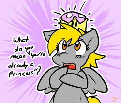 Size: 1339x1140 | Tagged: safe, artist:zutcha, imported from derpibooru, derpy hooves, pegasus, pony, bowsette, crown, cute, female, jewelry, princess derpy, regalia, solo, super crown, text