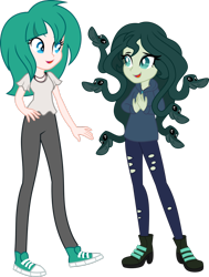 Size: 1024x1354 | Tagged: safe, artist:limedazzle, imported from derpibooru, oc, oc only, oc:medusa, oc:nikita (wubcakeva), gorgon, medusa, snake, equestria girls, boots, clothes, commission, converse, equestria girls-ified, high heel boots, open mouth, pants, shoes, show accurate, simple background, sneakers, transparent background