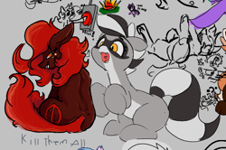 Size: 570x378 | Tagged: safe, artist:greyscaleart, artist:jargon scott, artist:lockheart, artist:pabbley, imported from derpibooru, oc, oc only, oc:bandy cyoot, oc:oblivia, earth pony, pony, raccoon pony, fangs, female, floppy ears, grin, mare, open mouth, raised hoof, sitting, sketch, sketch dump, smiling, text