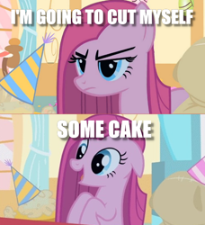 Size: 532x583 | Tagged: safe, edit, edited screencap, imported from derpibooru, screencap, pinkie pie, party of one, bait and switch, image macro, meme, pinkamena diane pie