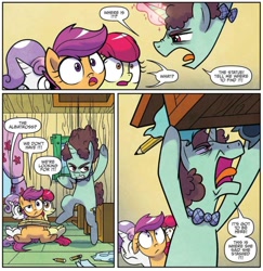 Size: 974x1001 | Tagged: safe, artist:agnesgarbowska, idw, imported from derpibooru, apple bloom, jagged clamp, scootaloo, sweetie belle, ponyville mysteries, spoiler:comic, spoiler:comicponyvillemysteries5, cutie mark crusaders, dreamworks face, shrunken pupils
