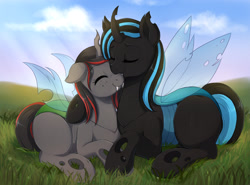 Size: 1280x948 | Tagged: dead source, safe, artist:evomanaphy, imported from derpibooru, oc, oc only, changeling, pony, blue changeling, changeling oc, cuddling, cute, duo, eyes closed, fangs, female, floppy ears, freckles, grass, lying down, prone, smiling