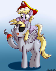 Size: 1073x1356 | Tagged: safe, artist:anibaruthecat, imported from derpibooru, derpy hooves, dinky hooves, pegasus, pony, unicorn, blushing, cute, equestria's best mother, eyepatch, female, filly, hat, headcanon, hook, looking at each other, mare, mother and daughter, open mouth, pirate hat, signature