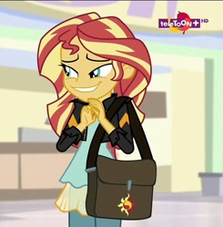 Size: 706x720 | Tagged: safe, imported from derpibooru, screencap, sunset shimmer, equestria girls, mirror magic, spoiler:eqg specials, bag, canterlot mall, clothes, creeper, creepy, creepy smile, cropped, cute, cutie mark, faic, female, funny face, hand, jacket, leather jacket, saddle bag, shimmerbetes, smiling, smug, solo, teletoon