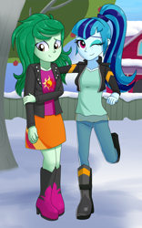 Size: 2500x4000 | Tagged: safe, artist:horsecat, imported from derpibooru, sonata dusk, wallflower blush, equestria girls, equestria girls series, forgotten friendship, rainbow rocks, arm under breasts, boots, clothes, cute, cutie mark on clothes, duo, duo female, eyeshadow, female, freckles, hair tie, high heel boots, jacket, leather, leather jacket, looking at you, looking down, makeup, one eye closed, pants, ponytail, shirt, shoes, skirt, smiling, snow, standing, standing on one leg, wink