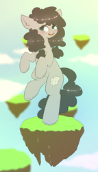 Size: 2000x3500 | Tagged: safe, artist:etoz, imported from derpibooru, oc, oc only, oc:cloudy, earth pony, pony, bipedal, blushing, cloud, female, floating island, happy, on one hoof, sky, smiling, standing, standing on one leg