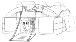 Size: 2374x1298 | Tagged: safe, artist:smoldix, imported from derpibooru, oc, oc only, oc:filly anon, earth pony, pony, blanket, cardboard, crown, female, filly, hoof hold, jewelry, lineart, mattress, pillow, pillow fort, regalia, rope, sign, simple background, spear, weapon, white background