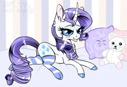 Size: 1830x1254 | Tagged: safe, artist:sweet-mayhem, imported from derpibooru, rarity, pony, unicorn, bed, bedroom, bedroom eyes, blushing, clothes, cute, female, hooves, looking at you, mare, pillow, plushie, sexy, socks, solo, stockings, striped socks, teddy bear, thigh highs, tongue out