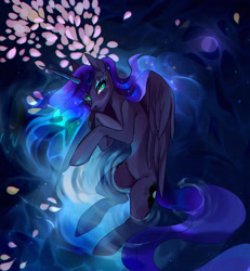Size: 1280x1386 | Tagged: safe, artist:catzino, imported from derpibooru, princess luna, alicorn, pony, chromatic aberration, female, looking at you, mare, moon, petals, redraw, reflection, solo, stars, water