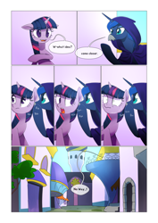 Size: 1024x1448 | Tagged: safe, artist:gashiboka, imported from derpibooru, princess luna, twilight sparkle, alicorn, pony, unicorn, comic:scar of solar, canterlot, canterlot castle, cloak, clothes, comic, dialogue, disguise, fake moustache, female, mare, shock, unicorn twilight, whispering