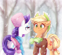 Size: 1020x900 | Tagged: safe, artist:jumblehorse, deleted from derpibooru, imported from derpibooru, applejack, rarity, earth pony, pony, unicorn, spoiler:comic, spoiler:comicholiday2017, chromatic aberration, clothes, cowboy hat, cute, eyeshadow, female, floppy ears, freckles, frills, glowing horn, hair tie, hat, jackabetes, lesbian, looking at each other, magic, makeup, mare, raribetes, rarijack, scarf, shipping, smiling, snow, standing, stetson, sweater, telekinesis, ushanka, winter, winter coat