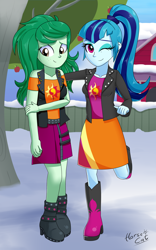 Size: 2500x4000 | Tagged: safe, artist:horsecat, imported from derpibooru, sonata dusk, wallflower blush, equestria girls, equestria girls series, forgotten friendship, rainbow rocks, arm under breasts, belt, boots, clothes, cute, cutie mark on clothes, duo, duo female, eyeshadow, female, freckles, hair tie, high heel boots, jacket, leather, leather jacket, looking at you, looking down, makeup, off shoulder, one eye closed, ponytail, shirt, shoes, shy, skirt, smiling, snow, standing, standing on one leg, wink