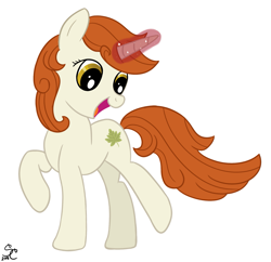 Size: 1705x1652 | Tagged: safe, artist:smartcookiepone, imported from derpibooru, autumn blaze, pony, unicorn, sounds of silence, spoiler:s08, female, magic, magic aura, mare, open mouth, ponified, simple background, solo, species swap, white background