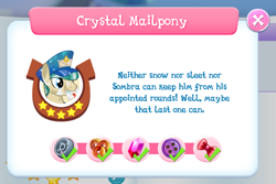 Size: 780x520 | Tagged: safe, imported from derpibooru, proper postal, crystal pony, pony, crystallized, game screencap, gameloft, gem, male, profile, solo, stallion, text