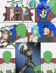 Size: 3920x5080 | Tagged: safe, artist:crimsonsky, artist:undisputed, imported from derpibooru, princess celestia, princess luna, oc, oc:anon, human, blushing, colored, comic, cute, dialogue, funny, humanized, latex, lunabetes, picture, picture book, punk, sarcastic, sexy, smiling, surprised, trio