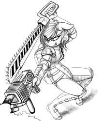 Size: 2988x3501 | Tagged: safe, artist:replica, imported from derpibooru, oc, oc only, oc:replica, anthro, armor, chainsword, evil grin, female, fire, flamethrower, grayscale, grin, monochrome, simple background, sketch, smiling, solo, weapon, white background
