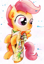 Size: 1600x2306 | Tagged: safe, artist:mashiromiku, imported from derpibooru, scootaloo, pony, bipedal, clothes, commission, cute, cutealoo, female, kimono (clothing), solo, traditional art, watercolor painting