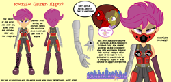 Size: 2666x1280 | Tagged: safe, artist:succubi samus, imported from derpibooru, scootaloo, oc, oc:moon pearl, bat pony, cyborg, equestria girls, amputee, bat pony oc, body armor, civil war, close-up, crossover, equestrian city, expressionless face, faceplate, fourth wall joke, metal arm, metal as fuck, military uniform, older, older scootaloo, prosthetic arm, prosthetic limb, prosthetics, reference sheet, spider-man, spider-man: homecoming, winter soldier