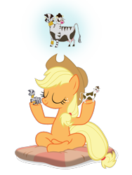 Size: 1163x1545 | Tagged: safe, imported from derpibooru, applejack, daisy jo, zecora, cow, zebra, a rockhoof and a hard place, chubby, conjoined, crossed legs, fusion, jocora, meditation, multiple heads, show accurate, simple background, transparent background, two heads, udder, vector, wat, we have become one, what has magic done, zebrow