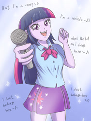 Size: 1653x2204 | Tagged: safe, artist:sumin6301, imported from derpibooru, twilight sparkle, equestria girls, clothes, creep (song), female, lyrics, microphone, miniskirt, music notes, open mouth, pleated skirt, radiohead, skirt, smiling, solo, song reference, text
