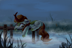 Size: 2572x1717 | Tagged: safe, artist:ami-gami, artist:amy-gamy, imported from derpibooru, autumn blaze, kirin, sounds of silence, female, fog, pier, sad, scenery, scenery porn, solo, water