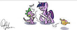 Size: 2550x1011 | Tagged: safe, artist:tadpoledraws, imported from derpibooru, spike, twilight sparkle, alicorn, dragon, pony, bowsette, comic, cropped, crown, denied, female, jewelry, male, meme, nope, regalia, signature, subverted meme, super crown, twilight sparkle (alicorn)