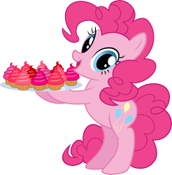 Size: 4000x4073 | Tagged: safe, artist:pilot231, imported from derpibooru, pinkie pie, earth pony, pony, bipedal, canon, cupcake, female, food, mare, platter, simple background, smiling, solo, standing, transparent background, vector