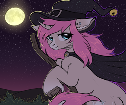 Size: 2400x2000 | Tagged: safe, artist:avrameow, imported from derpibooru, oc, oc only, oc:tarot, classical unicorn, pony, unicorn, broom, cape, clothes, cloven hooves, curved horn, digital art, ear piercing, female, floppy ears, freckles, halloween, hat, holiday, horn, leonine tail, long mane, long tail, mare, moon, night, palomino, piercing, pink mane, solo, starry night, stars, unshorn fetlocks, witch, witch hat, ych result