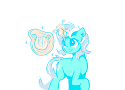 Size: 924x664 | Tagged: safe, artist:thefloatingtree, imported from derpibooru, lyra heartstrings, pony, unicorn, female, levitation, lyre, magic, mare, raised hoof, simple background, smiling, solo, telekinesis, white background