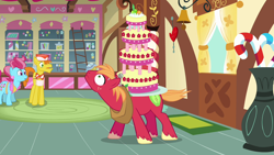 Size: 1280x720 | Tagged: safe, imported from derpibooru, screencap, big macintosh, carrot cake, cup cake, earth pony, pony, mmmystery on the friendship express, balancing, cake, female, food, male, mare, marzipan mascarpone meringue madness, stallion, sugarcube corner, sweat, the cakes