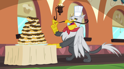 Size: 1280x720 | Tagged: safe, imported from derpibooru, screencap, gustave le grande, griffon, mmmystery on the friendship express, eclair, facial hair, food, male, moustache, solo, toque