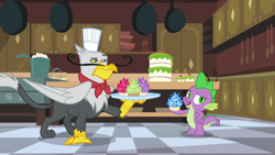 Size: 1280x720 | Tagged: safe, imported from derpibooru, screencap, gustave le grande, spike, dragon, griffon, princess spike (episode), amethyst, amethyst cupcake, cake, cupcake, duo, emerald, emerald cupcake, food, gem, kitchen, male, platter, raised eyebrow, ruby, ruby cupcake, sapphire, sapphire cupcake