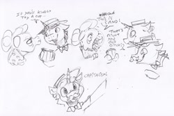 Size: 2362x1578 | Tagged: safe, artist:dilarus, deleted from derpibooru, imported from derpibooru, flam, flim, granny smith, earth pony, pony, unicorn, comic, coughing, cup, dialogue, facial hair, hat, monochrome, moustache, onomatopoeia, traditional art, vulgar