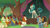Size: 1920x1080 | Tagged: safe, imported from derpibooru, screencap, autumn afternoon, autumn blaze, cinder glow, maple brown, pumpkin smoke, rain shine, sparkling brook, spring glow, summer flare, winter flame, kirin, sounds of silence, spoiler:s08, background kirin, banishment, butt, discovery family logo, female, kirin village, male, plot, raised hoof, sad, stage