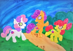 Size: 1024x719 | Tagged: safe, artist:dawn-designs-art, imported from derpibooru, apple bloom, scootaloo, sweetie belle, abstract, abstract art, cutie mark crusaders, modern art, traditional art, watercolor painting