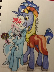 Size: 1961x2594 | Tagged: safe, artist:raritylover152, imported from derpibooru, hoo'far, trixie, pony, saddle arabian, unicorn, road to friendship, female, looking at each other, male, mare, shipping, smiling, stallion, straight, traditional art, trixfar