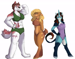 Size: 6898x5452 | Tagged: dead source, safe, artist:shellielle, imported from derpibooru, oc, oc only, oc:annie belle, oc:harley pyrite, oc:olive branch, anthro, deer pony, diamond dog, digitigrade anthro, dracony, hybrid, original species, unguligrade anthro, unicorn, absurd resolution, bikini, breasts, clothes, commission, female, female diamond dog, gift art, mare, muscles, one-piece swimsuit, swimsuit
