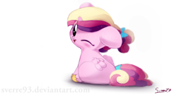 Size: 1024x561 | Tagged: safe, artist:sverre93, imported from derpibooru, princess cadance, alicorn, pony, blushing, bow, chibi, cute, cutedance, female, filly, filly cadance, hair bow, hnnng, looking at you, looking back, looking back at you, one eye closed, simple background, sverre is trying to murder us, tail bow, white background, wink, young, younger