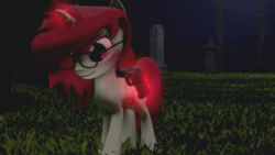 Size: 600x338 | Tagged: safe, artist:ivoryquest, imported from derpibooru, oc, oc only, oc:theredaceofspades, pony, unicorn, 3d, animated, female, gif, glasses, gun, levitation, magic, mare, solo, telekinesis, weapon