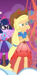 Size: 285x566 | Tagged: safe, imported from derpibooru, screencap, applejack, sci-twi, twilight sparkle, equestria girls, equestria girls series, rollercoaster of friendship, cropped, crossed arms, female, ponied up, scitwilicorn, super ponied up